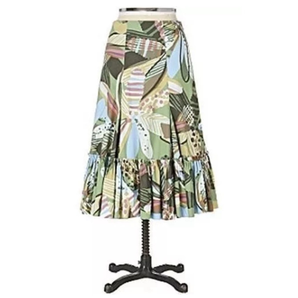 Fei Anthropologie Skirt Womens 2‎ Green Abstract Floral Ruffle Midi A-Line Boho